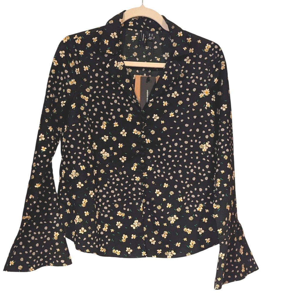 VERO MODA Black Floral Print Bell‎ Sleeve V Neck Wrap Blouse Shirt
